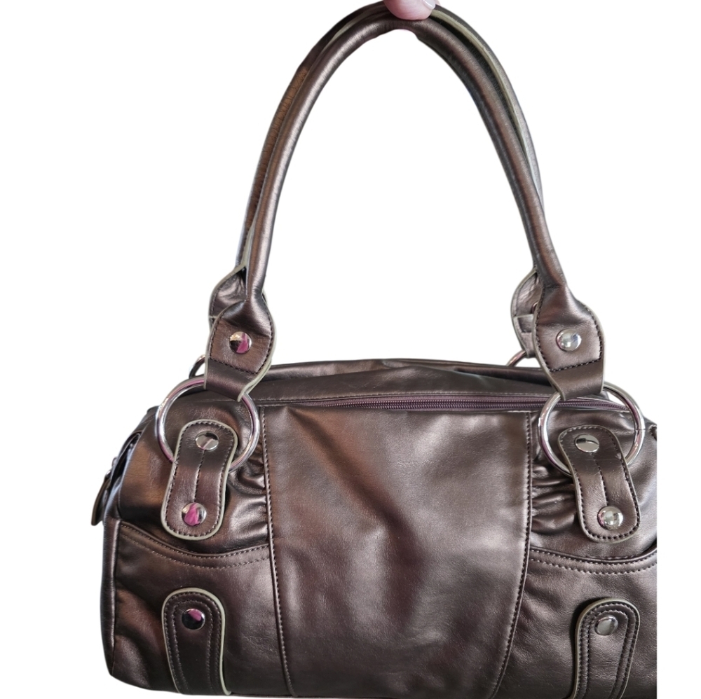 Womens Shoulder Bag Gold Bronze Purse Silver Accents Rectangle Boho Wide